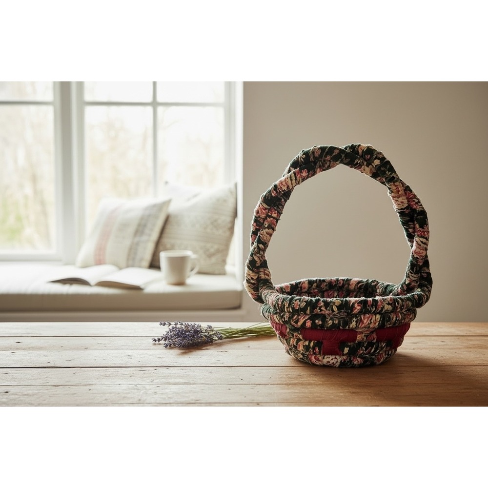 Handmade Vintage Coil Basket Twisted Floral Pink Green Burgundy‎ Cottagecore